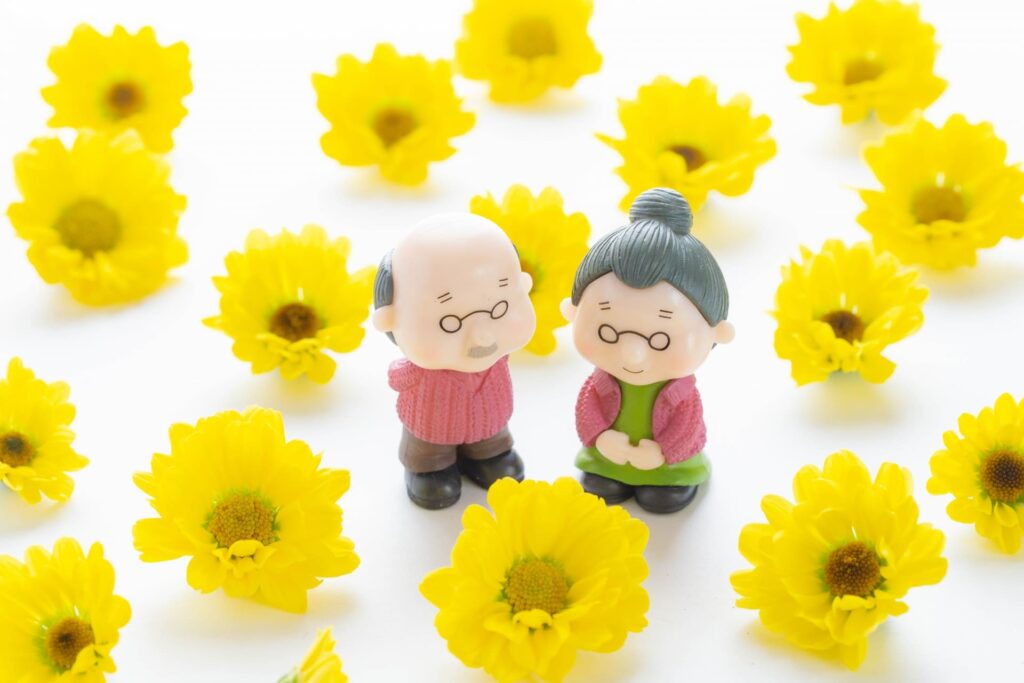 花に囲まれた老夫婦
