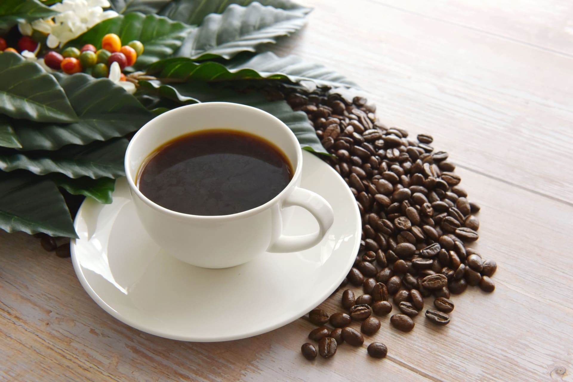 カップに注がれたコーヒーとコーヒー豆とコーヒーの木の葉