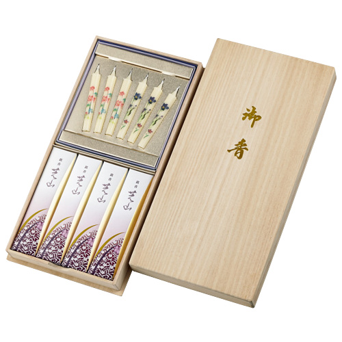 日本香堂 銘香芝山 絵ろうそくセット(桐箱入) 65012